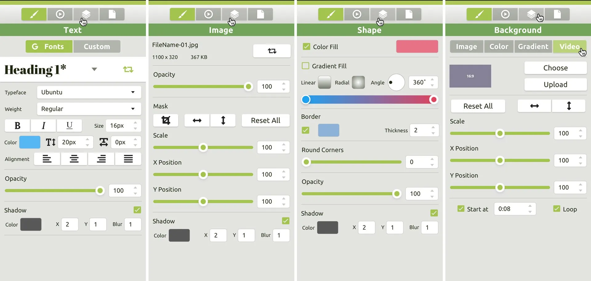 The Design panel changes depending on what type of item is selected on the canvas.