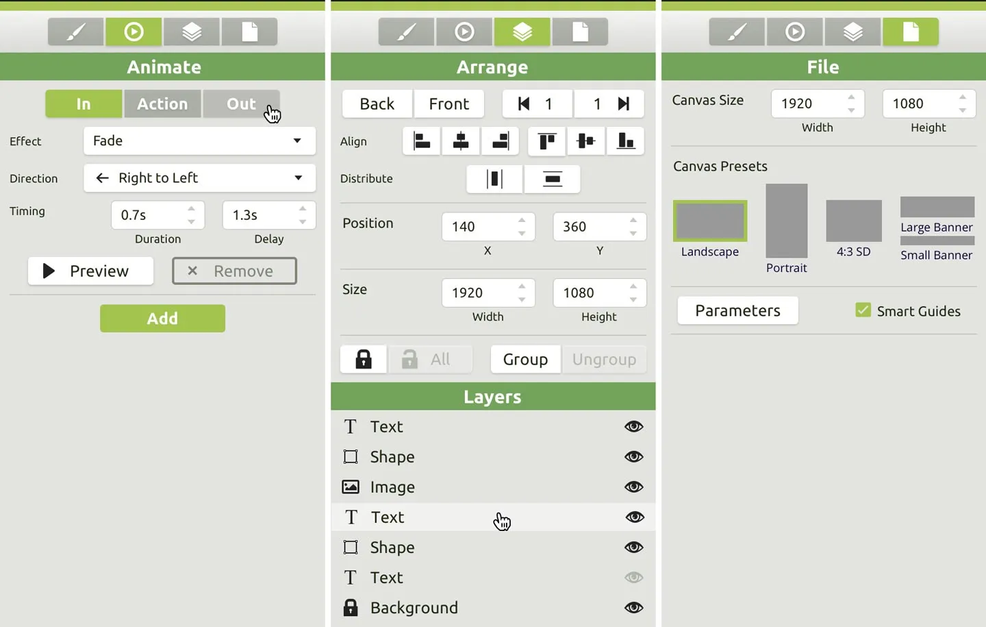 The Animate, Arrange and File Panels have new and improved features.